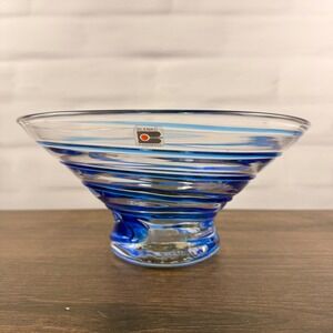 Blenko 8909 Crystal Bowl with Sapphire Blue Spiral Vintage Art Glass
